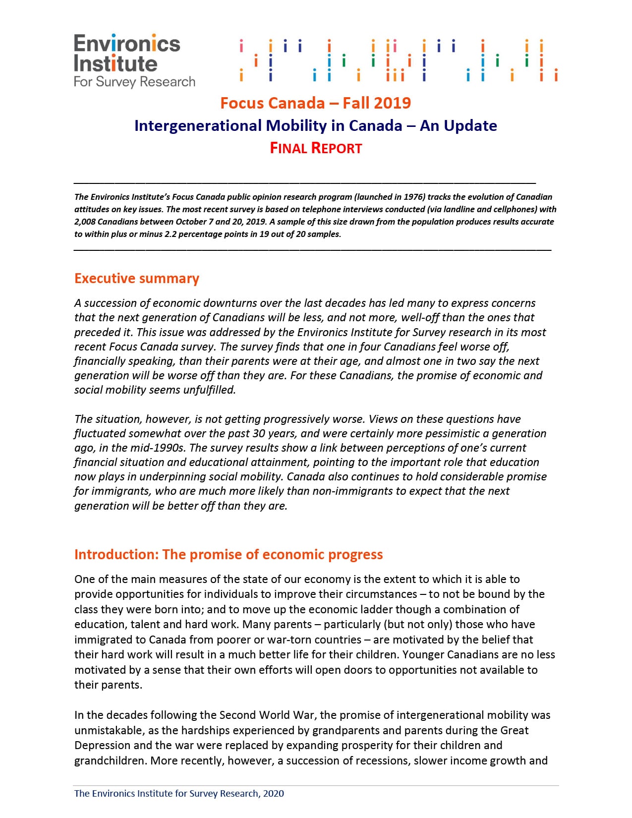 A report cover titled &ldquo;Intergenerational Mobility in Canada &ndash; An Update&rdquo; by the Environics Institute features headings, body text, and institutional branding at the top, including an executive summary and introduction on intergenerational mobility in Canada.