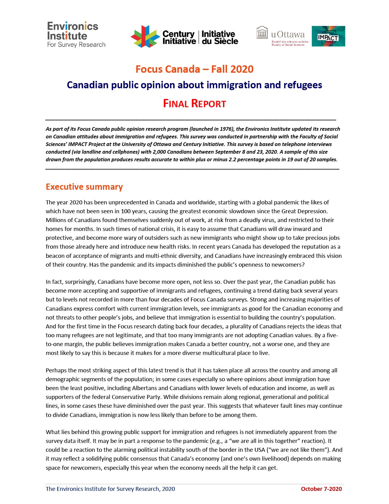 A report titled Focus Canada &ndash; Fall 2020 examines Canadian public opinion about immigration and refugees. The first page features logos, an executive summary, and introductory text in a formal layout.