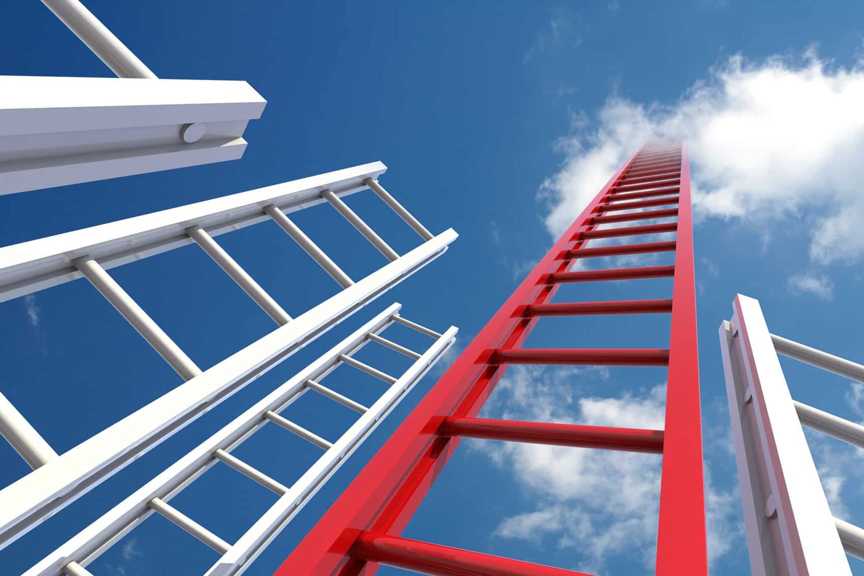 Four ladders, three white and one red, rise toward a blue sky with clouds, symbolizing ambition and opportunity—an apt visual metaphor for intergenerational mobility in Canada.