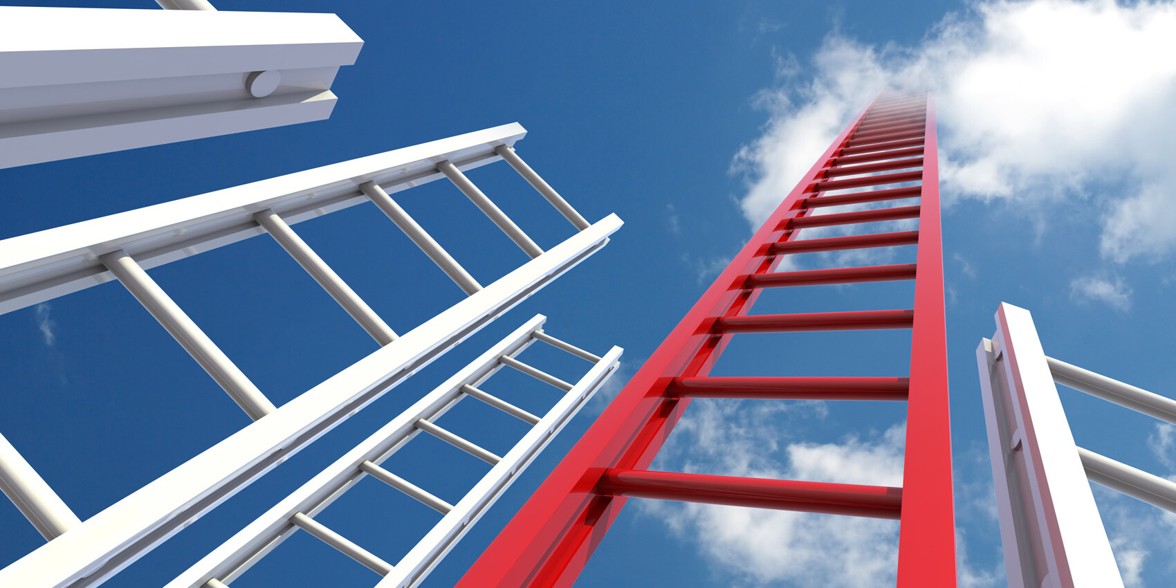 Four ladders, three white and one red, rise toward a blue sky with clouds, symbolizing ambition and opportunity—an apt visual metaphor for intergenerational mobility in Canada.