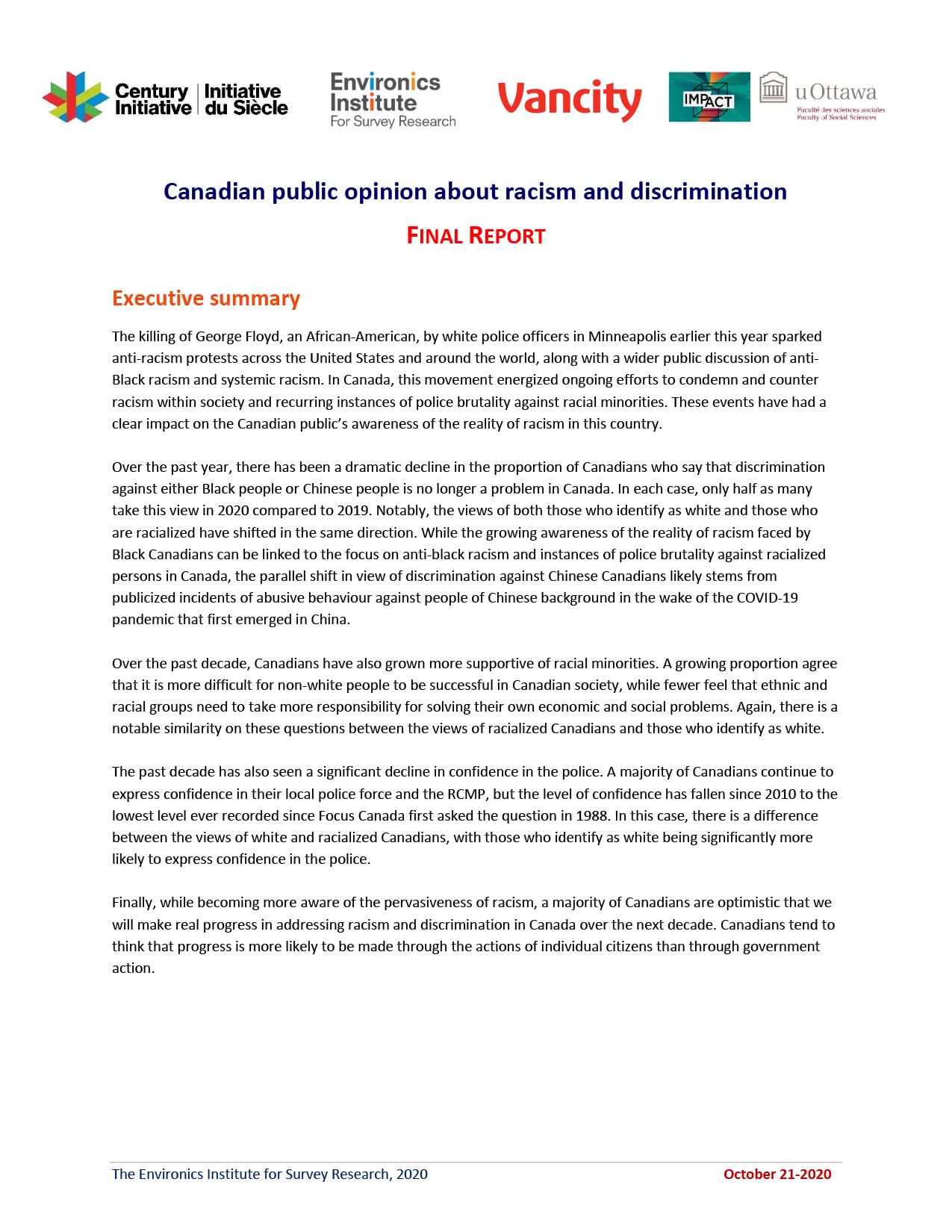 The first page of a report titled Canadian public opinion about racism and discrimination &ndash; FINAL REPORT features logos, an executive summary, and text discussing anti-Black racism, Asian discrimination, and the impact of protests.