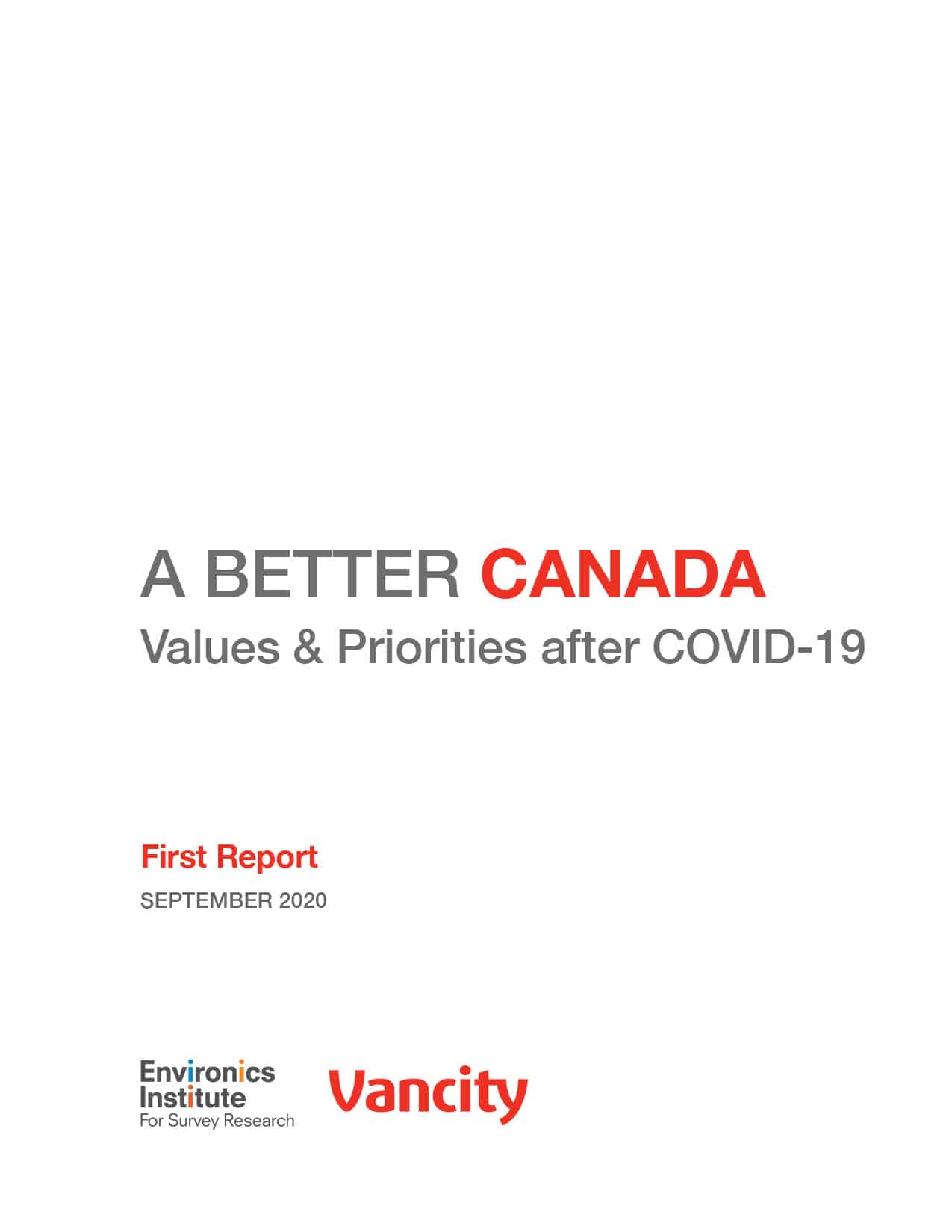 Cover page for A Better Canada: Values and Priorities after COVID-19, First Report, September 2020. Features the Environics Institute and Vancity logos at the bottom.