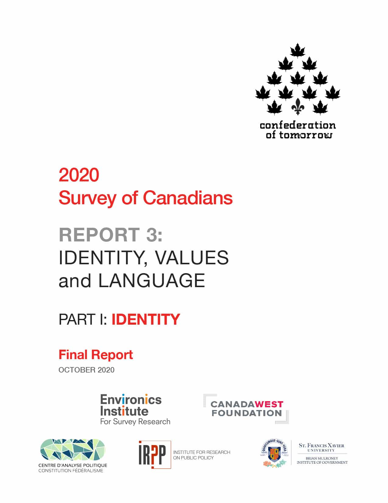 Cover page of a research report titled &ldquo;2020 Survey of Canadians: Report 3&mdash;Identity, Values and Language, Part I: Identity.&rdquo; Features organization logos, a stylized maple leaf graphic, and highlights themes of identity, values and language.