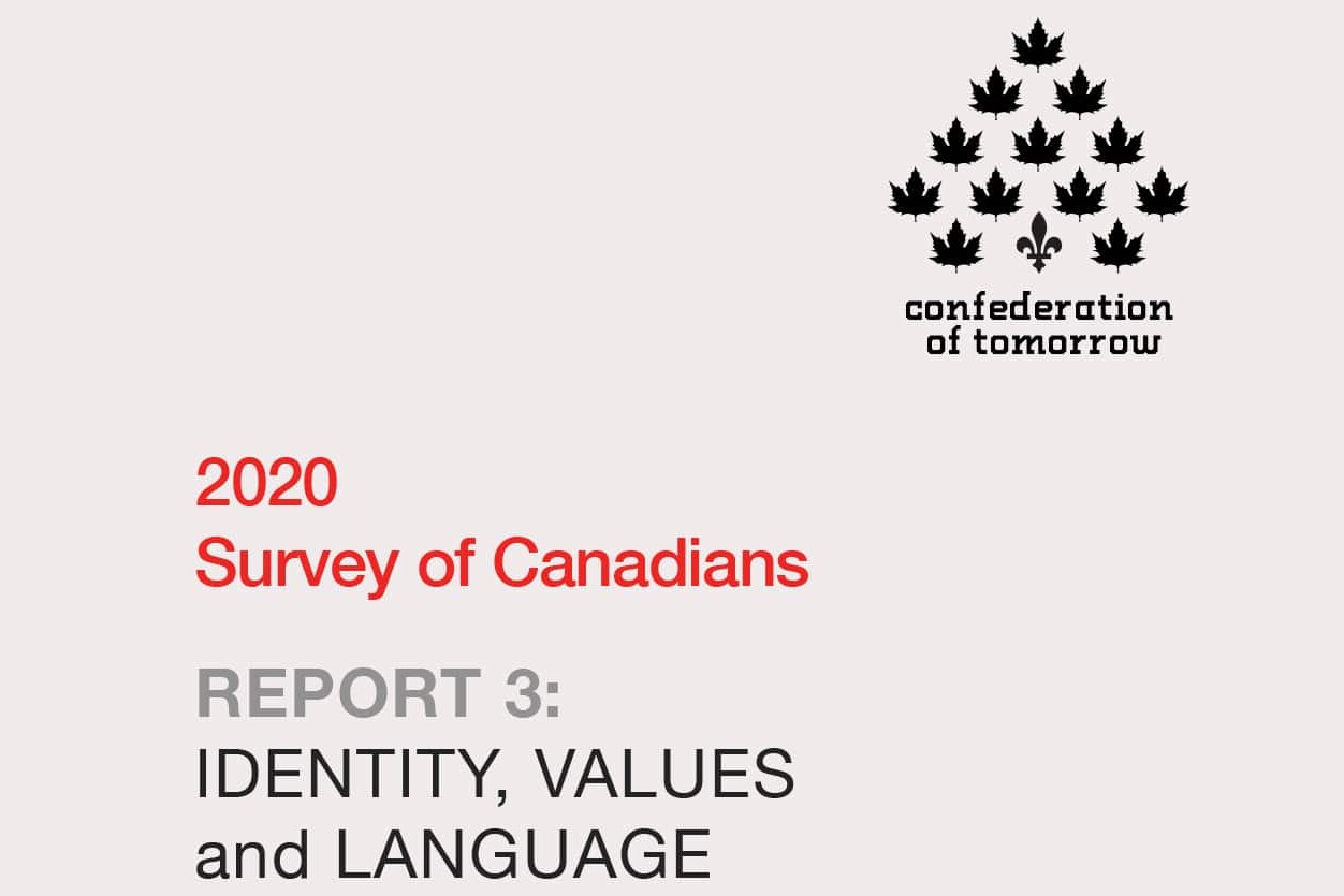 The image shows the cover of a report titled 2020 Survey of Canadians: Report 3 - Identity, Values and Language, featuring a maple leaf logo above the text confederation of tomorrow.