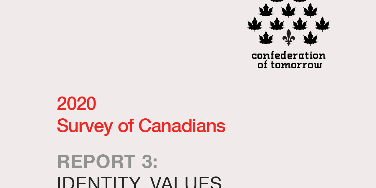 The image shows the cover of a report titled 2020 Survey of Canadians: Report 3 - Identity, Values and Language, featuring a maple leaf logo above the text confederation of tomorrow.