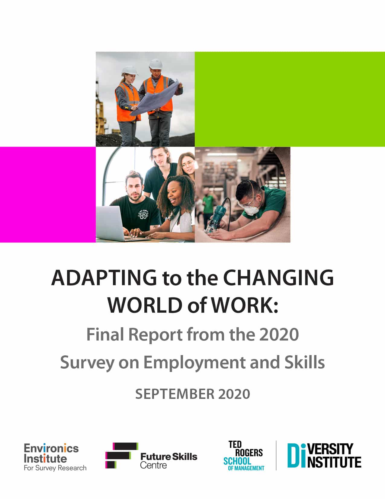 Report cover featuring four photos: construction workers, a team at a laptop, a man with machinery, and a woman writing. Title: Adapting to the Changing World of Work&mdash;Final Report from the 2020 Survey on Employment and Skills.