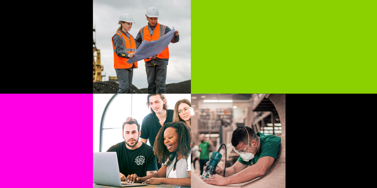 A collage with construction workers reviewing blueprints, students collaborating at a laptop, and a worker in safety gear using a tool, set against bright green and pink color blocks, highlights adapting to the changing world of work.