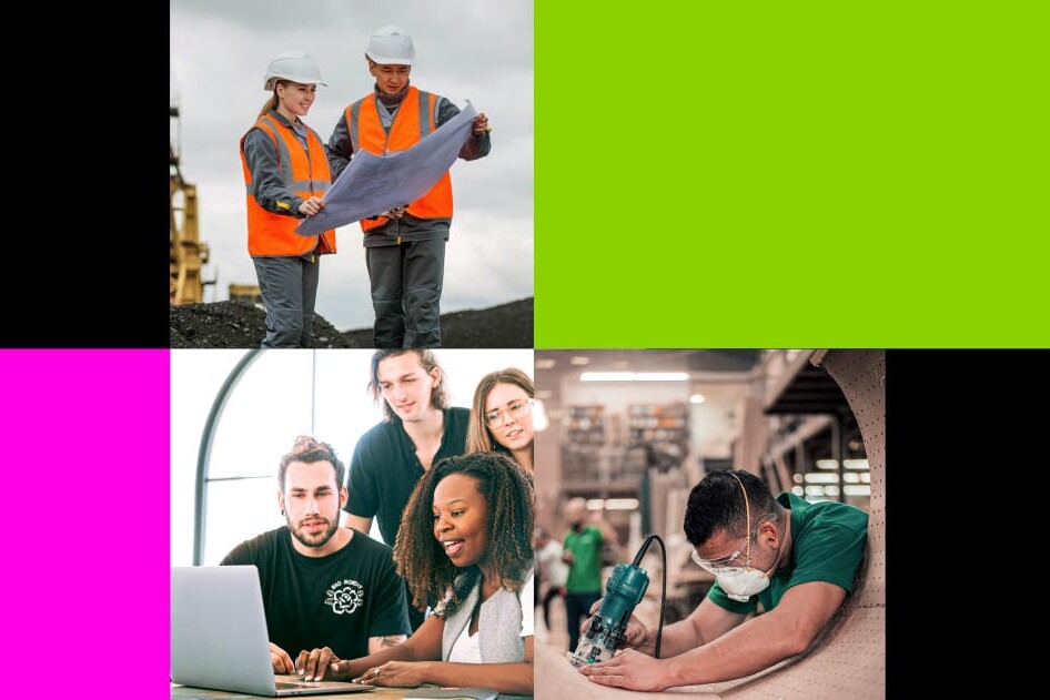 A collage with construction workers reviewing blueprints, students collaborating at a laptop, and a worker in safety gear using a tool, set against bright green and pink color blocks, highlights adapting to the changing world of work.