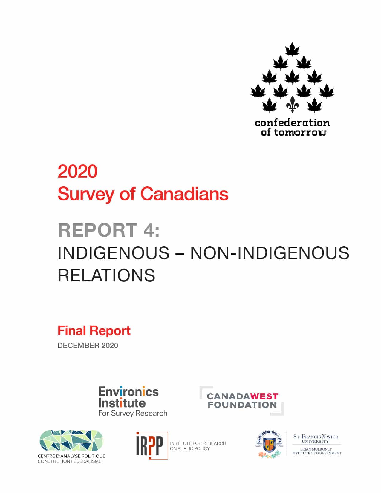 Cover page of a report titled 2020 Survey of Canadians, Report 4: Indigenous - non-Indigenous Relations. Partner organization logos appear at the bottom, with a maple leaf tree graphic representing Indigenous - non-Indigenous relations at the top.