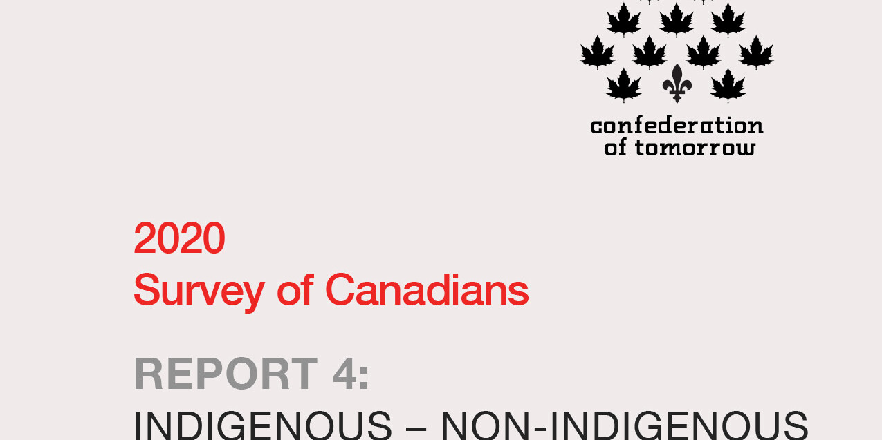 Cover page of the 2020 Survey of Canadians Report 4: Indigenous - Non-Indigenous Relations by Confederation of Tomorrow, featuring black maple leaves arranged in a triangle above the report title.