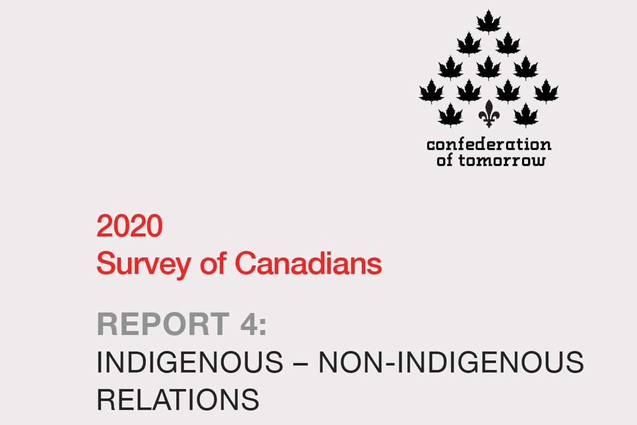 Cover page of the 2020 Survey of Canadians Report 4: Indigenous - Non-Indigenous Relations by Confederation of Tomorrow, featuring black maple leaves arranged in a triangle above the report title.