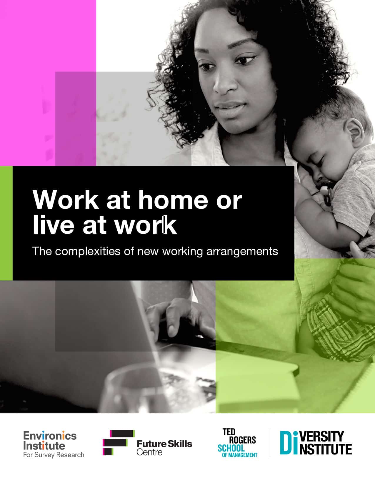 A woman works on a laptop while holding a sleeping baby, capturing the reality of 