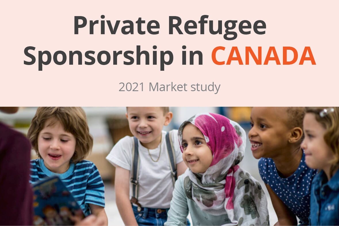 A group of five diverse young children, including a girl in a hijab, sit together smiling in a classroom. Above them, text reads: Private Refugee Sponsorship in Canada - 2021 Market Study.