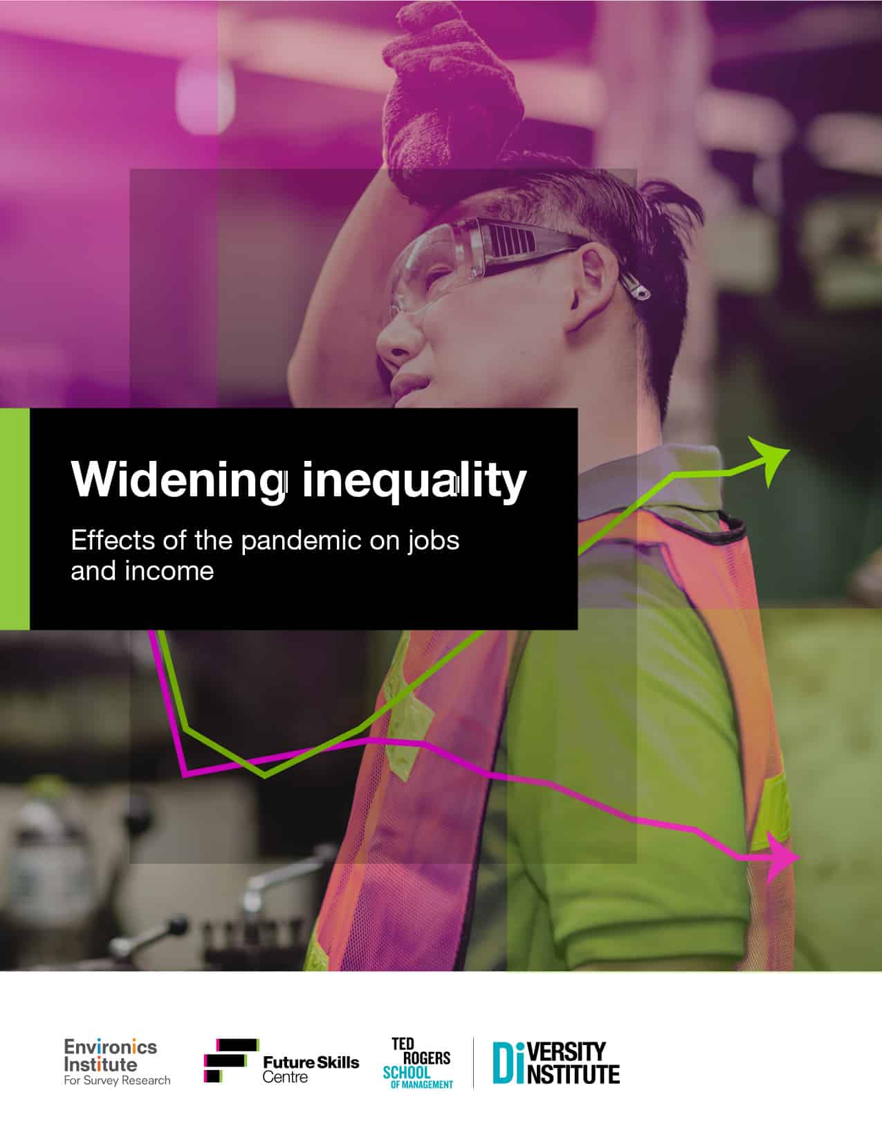 A worker in safety glasses and a high-visibility vest wipes sweat from his forehead. Overlaid text, 