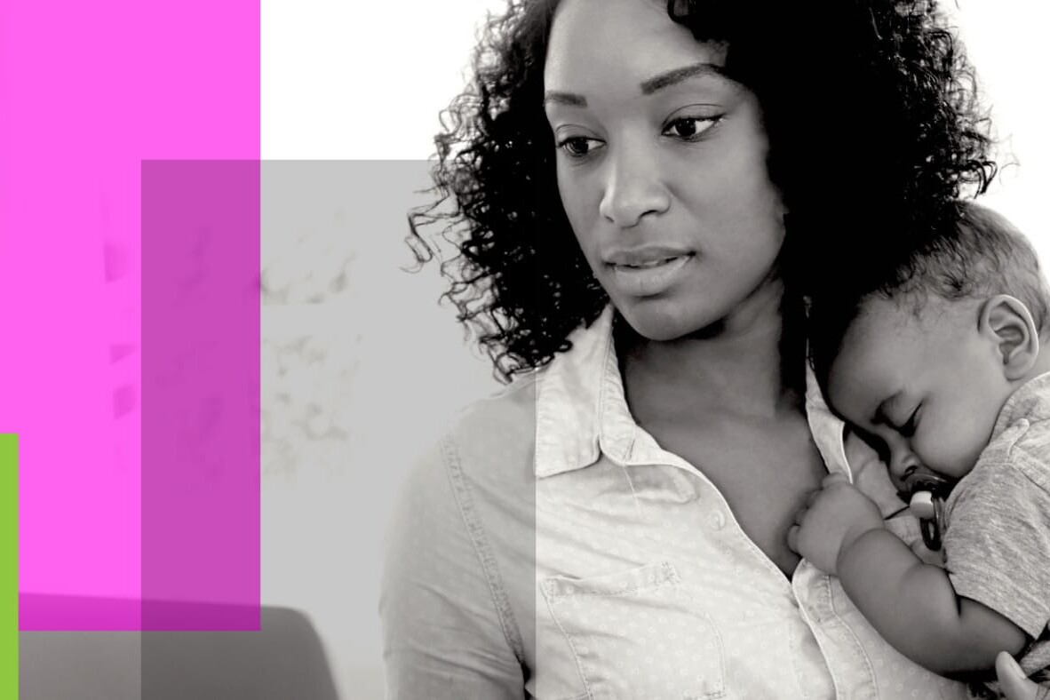 A woman with curly hair holds a sleeping baby on her shoulder, looking thoughtful—perhaps reflecting on the complexities of new working arrangements. Semi-transparent pink, purple, and green rectangles are layered on the left side of the image.
