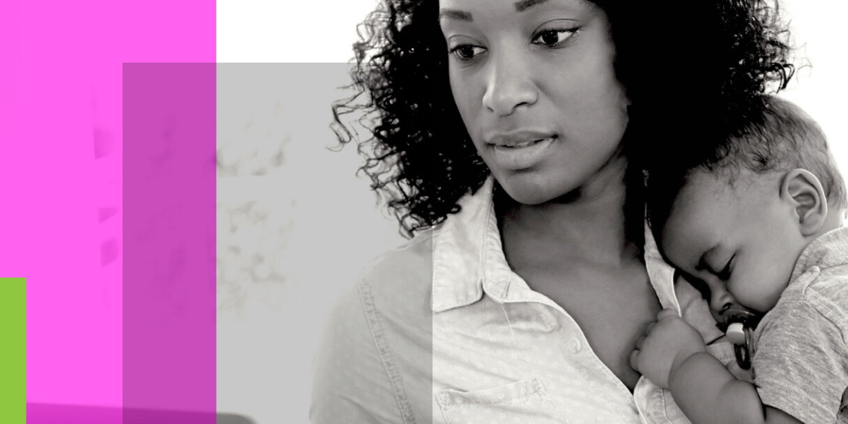 A woman with curly hair holds a sleeping baby on her shoulder, looking thoughtful—perhaps reflecting on the complexities of new working arrangements. Semi-transparent pink, purple, and green rectangles are layered on the left side of the image.
