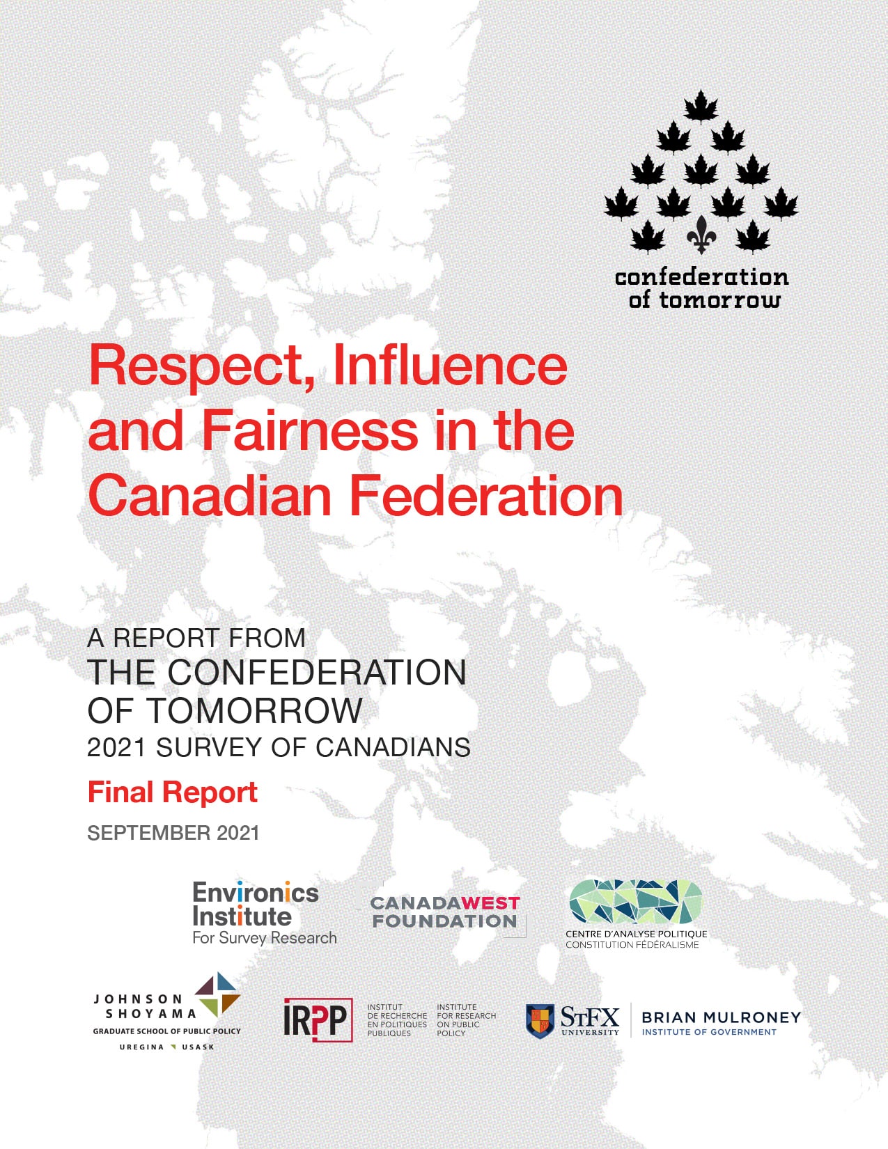 Cover page of a report titled Influence and Fairness in the Canadian Federation. The background features a map of Canada, emphasizing Respect across provinces. Logos of several research institutes are displayed at the bottom.