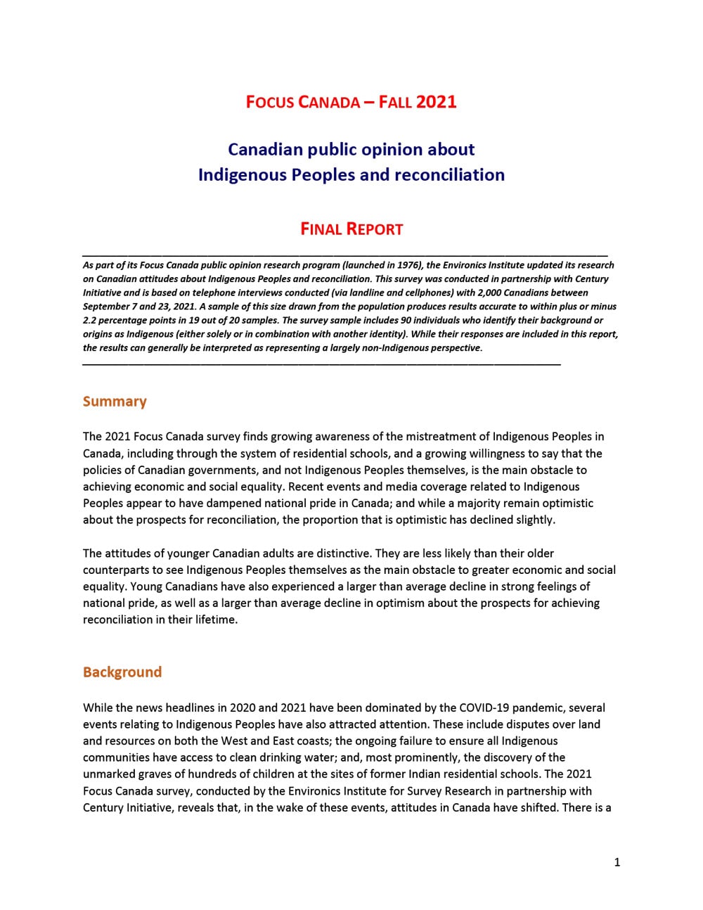 The cover page of the Focus Canada &ndash; Fall 2021 report, titled Canadian Public Opinion about Indigenous Peoples and Reconciliation, features summary and background sections on survey findings about Indigenous issues in Canada.