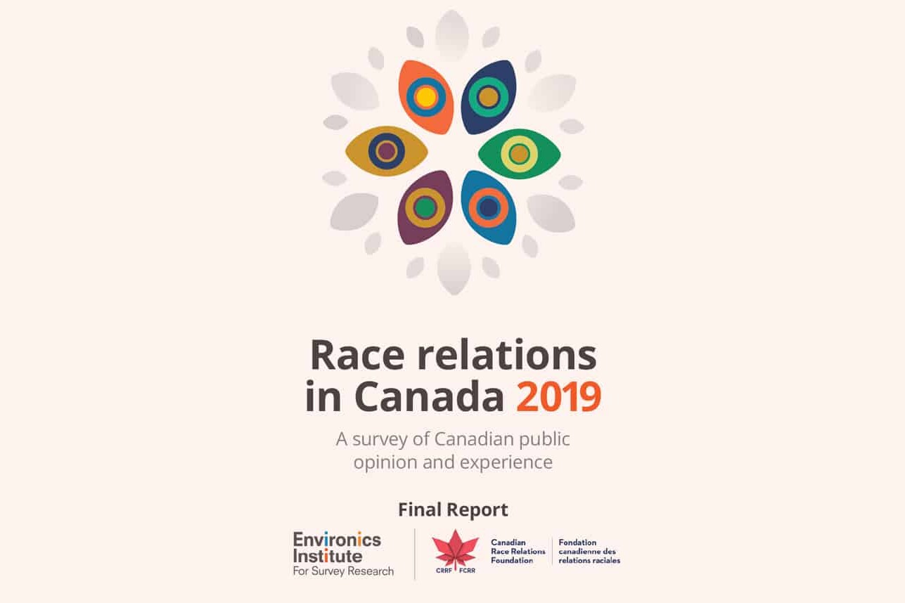 Cover page for Race Relations in Canada 2019 report, featuring a circular pattern of colorful eye shapes, and logos for Environics Institute, Canadian Race Relations Foundation, and Fondation canadienne des relations raciales.