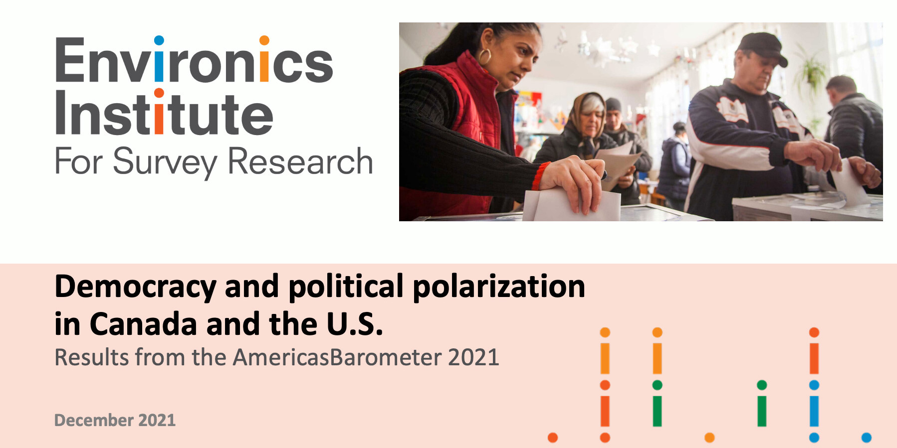 A woman casts her ballot at a polling station as others wait nearby. The image appears in the report Democracy and Political Polarization in Canada and the U.S. by Environics Institute, dated December 2021.