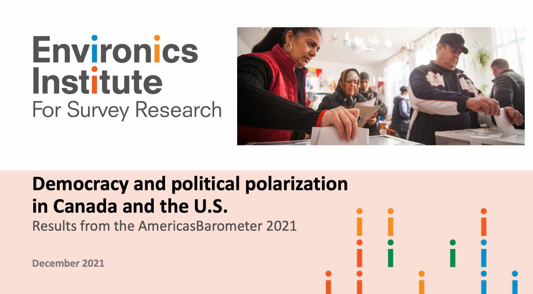 A woman casts her ballot at a polling station as others wait nearby. The image appears in the report Democracy and Political Polarization in Canada and the U.S. by Environics Institute, dated December 2021.
