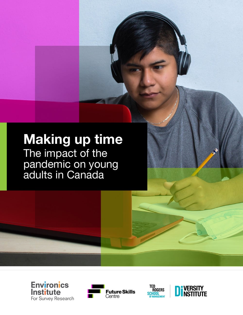A man wearing headphones and sitting at a desk with a laptop and a mask, reflecting the new normal portrayed in Making Up Time: The Pandemic&rsquo;s Impact on Young Adults in Canada.