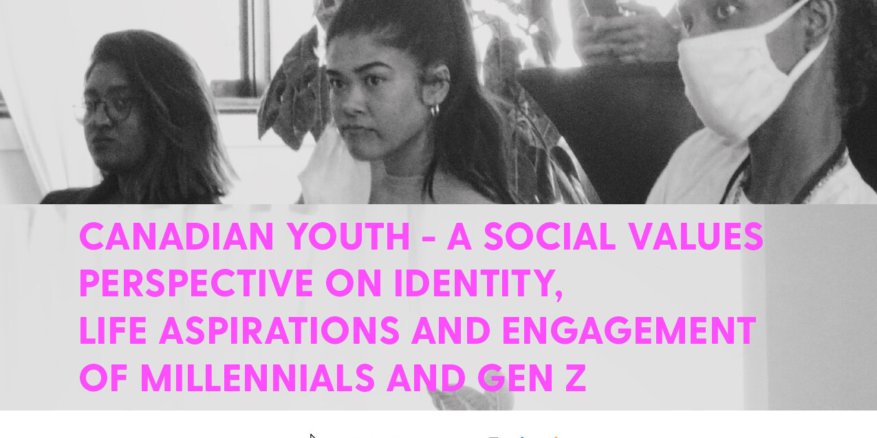 Three young women sit attentively in a room; one wears a face mask. Text reads: “Canadian Youth: A social values perspective on identity, life aspirations, and engagement of Millennials and Gen Z.”.