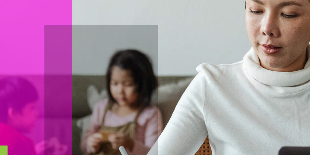 A woman in a white top works on a tablet at a desk, while a young child sits in the background on a sofa—an image reflecting the challenges of disconnecting from work. Pink, green, and gray translucent rectangles overlay the scene.