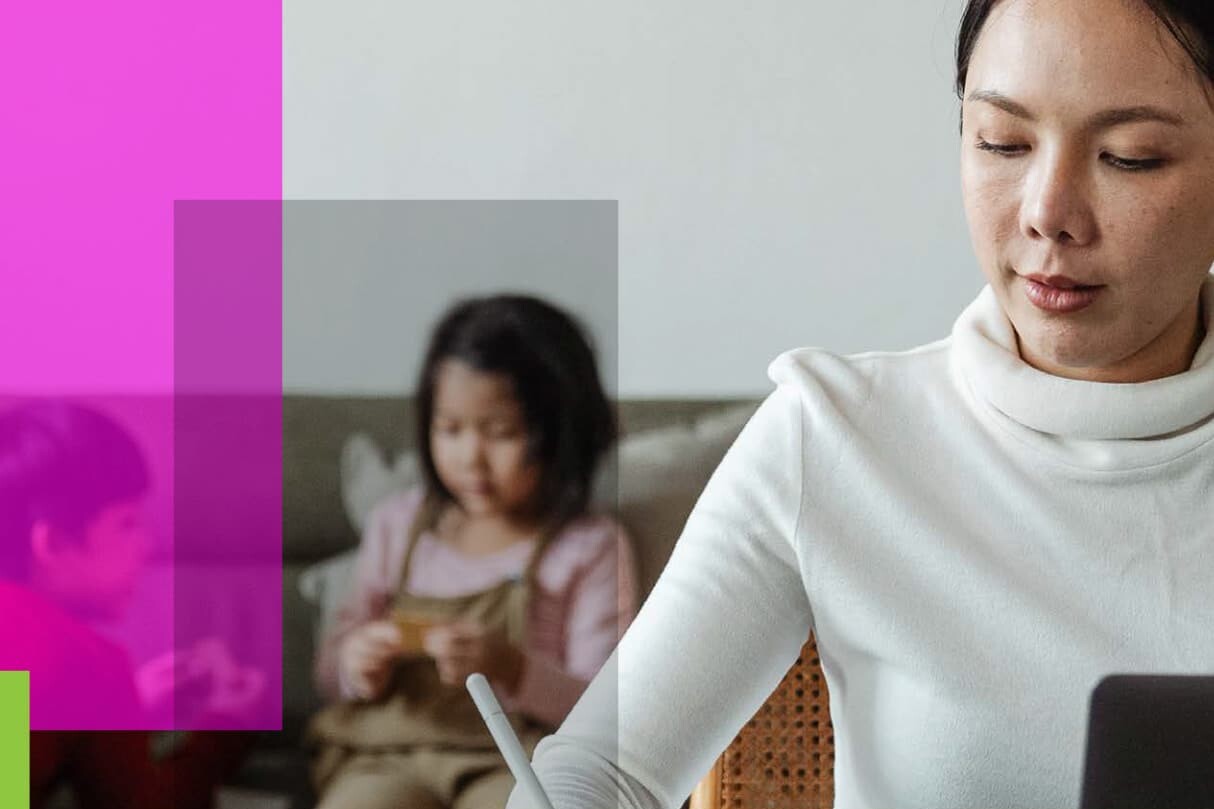 A woman in a white top works on a tablet at a desk, while a young child sits in the background on a sofa—an image reflecting the challenges of disconnecting from work. Pink, green, and gray translucent rectangles overlay the scene.