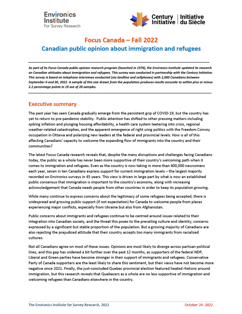 A report cover titled &ldquo;Focus Canada&mdash;Fall 2022: Canadian public opinion about immigration and refugees,&rdquo; featuring Environics Institute and Century Initiative logos, with summary text and an orange-highlighted executive summary on Canadian public opinion.