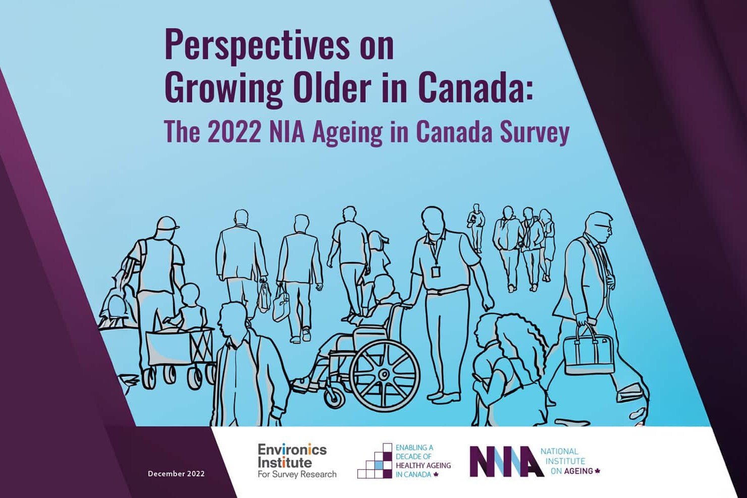 Illustration of older adults walking, some with canes, walkers, or wheelchairs, with text: Perspectives on Growing Older in Canada from the 2022 NIA Ageing in Canada Survey. Logos and organizations appear at the bottom.