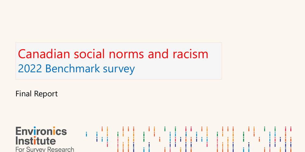 Slide titled Canadian social norms and racism: 2022 Benchmark survey, Final Report, featuring the Environics Institute logo and colorful abstract lines at the bottom. Highlights insights on social norms and racism in Canada against a light beige background.
