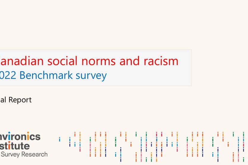 Slide titled Canadian social norms and racism: 2022 Benchmark survey, Final Report, featuring the Environics Institute logo and colorful abstract lines at the bottom. Highlights insights on social norms and racism in Canada against a light beige background.