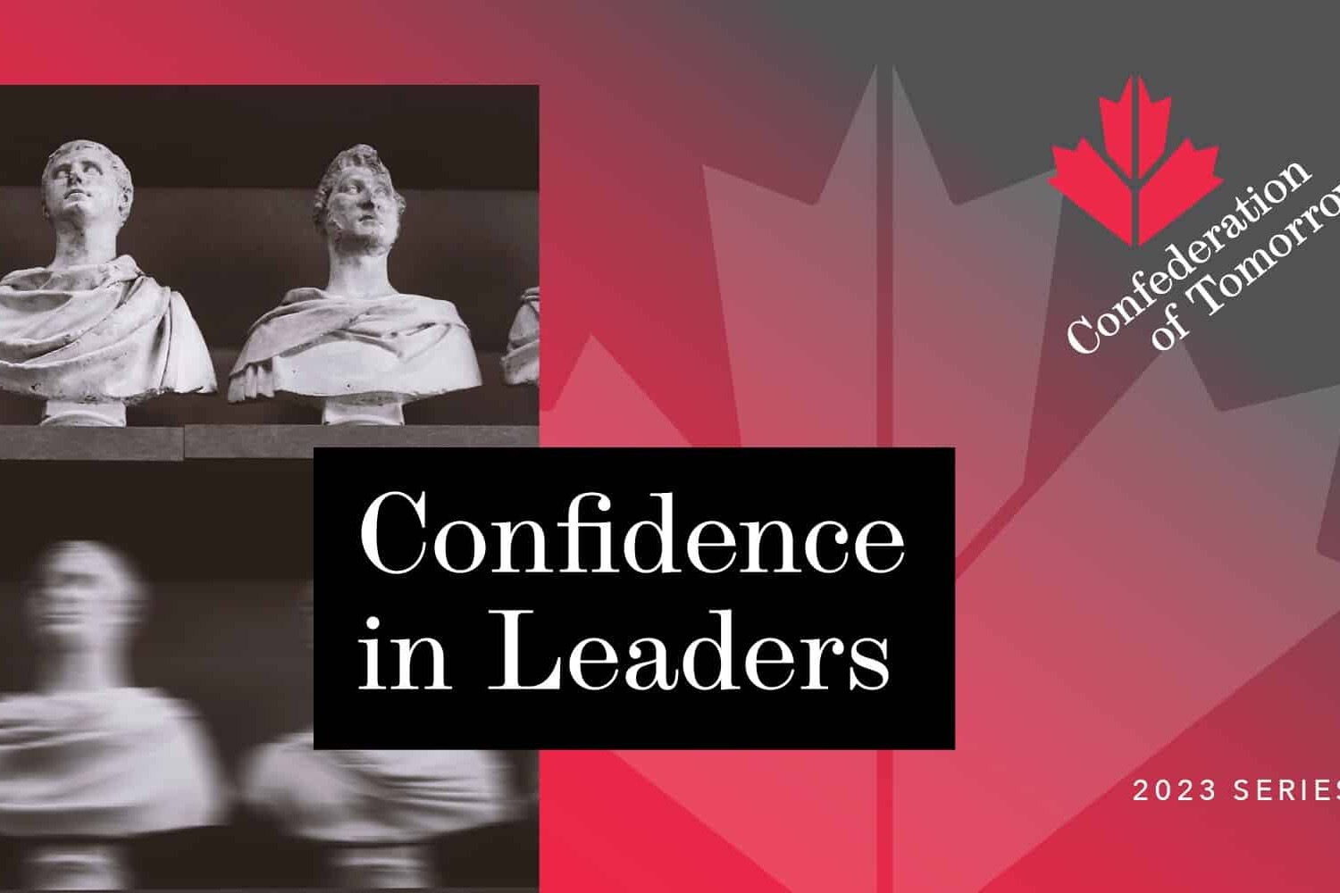 A graphic with busts of historical figures on the left and a red maple leaf with 