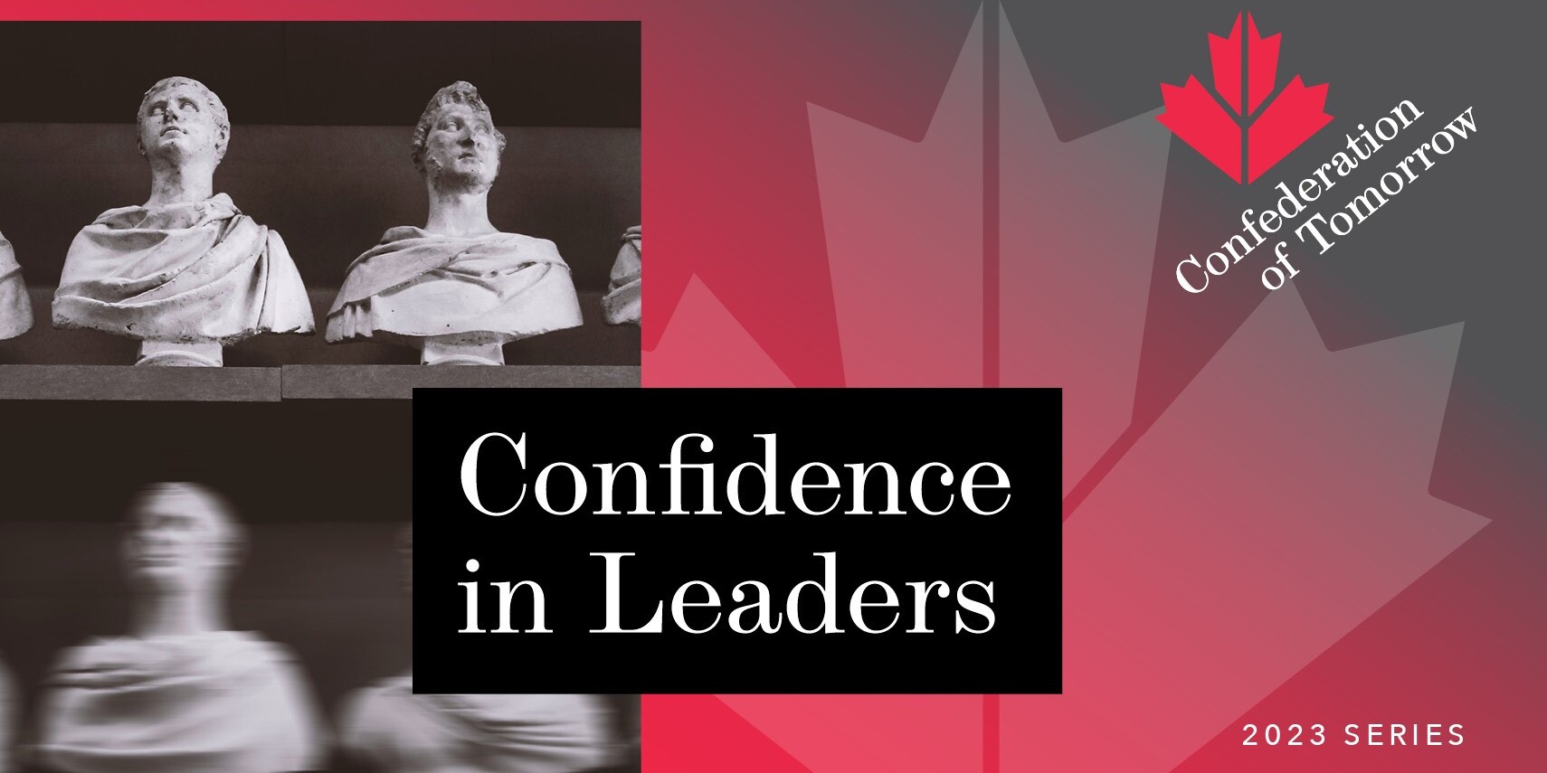 A graphic with busts of historical figures on the left and a red maple leaf with 