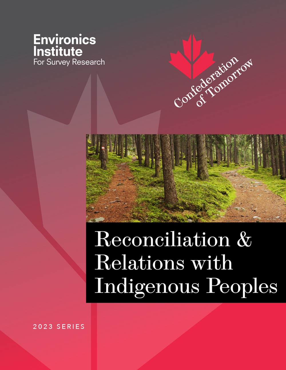 Report cover featuring a forest path photo and text: Reconciliation and Relations with Indigenous Peoples. The Environics Institute logo appears at the top, with a maple leaf graphic and Confederation of Tomorrow on the right.