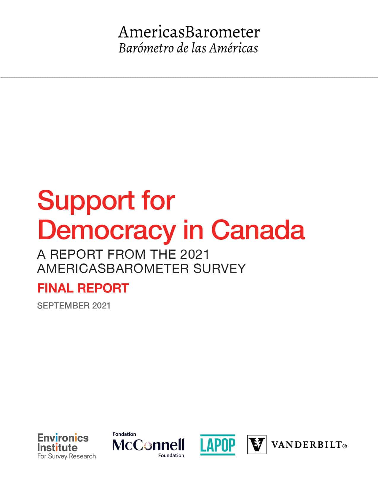 Cover page of the Support for Democracy in Canada 2021 AmericasBarometer survey final report, featuring logos of Environics Institute, McConnell Foundation, LAPOP, and Vanderbilt University.