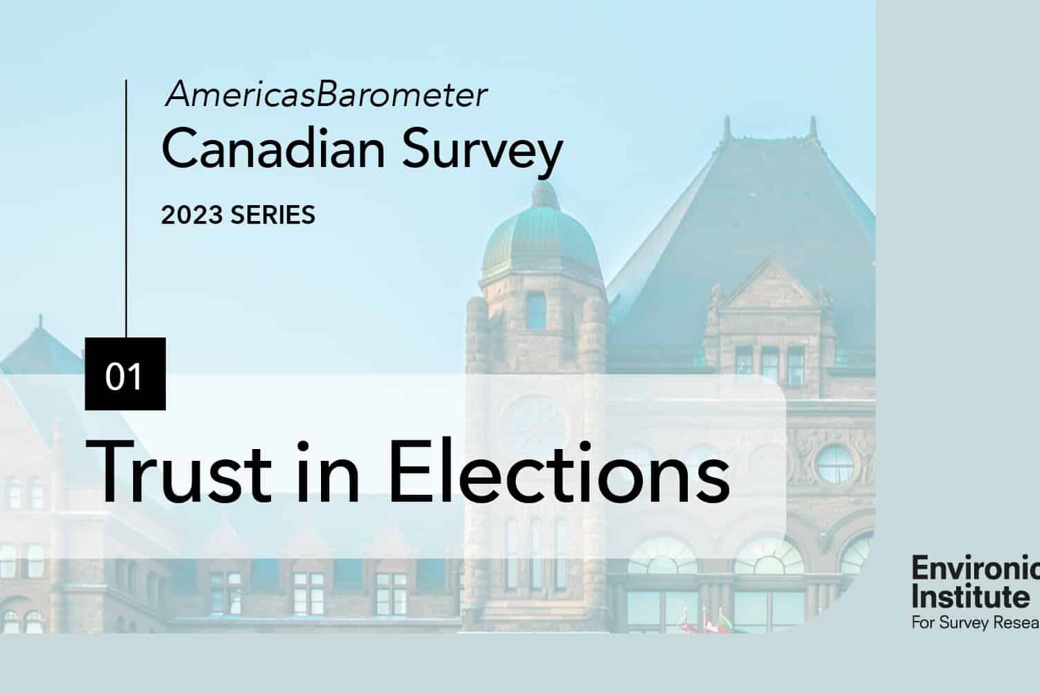 Slide titled AmericasBarometer Canadian Survey 2023 Series with subtitle Trust in Elections. It is labeled 01, featuring a historic building in the background. The Environics Institute for Survey Research logo appears at the bottom right.