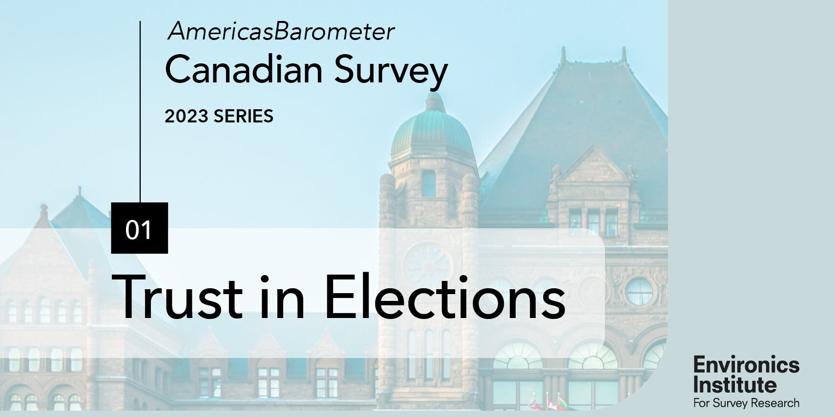 Slide titled AmericasBarometer Canadian Survey 2023 Series with subtitle Trust in Elections. It is labeled 01, featuring a historic building in the background. The Environics Institute for Survey Research logo appears at the bottom right.