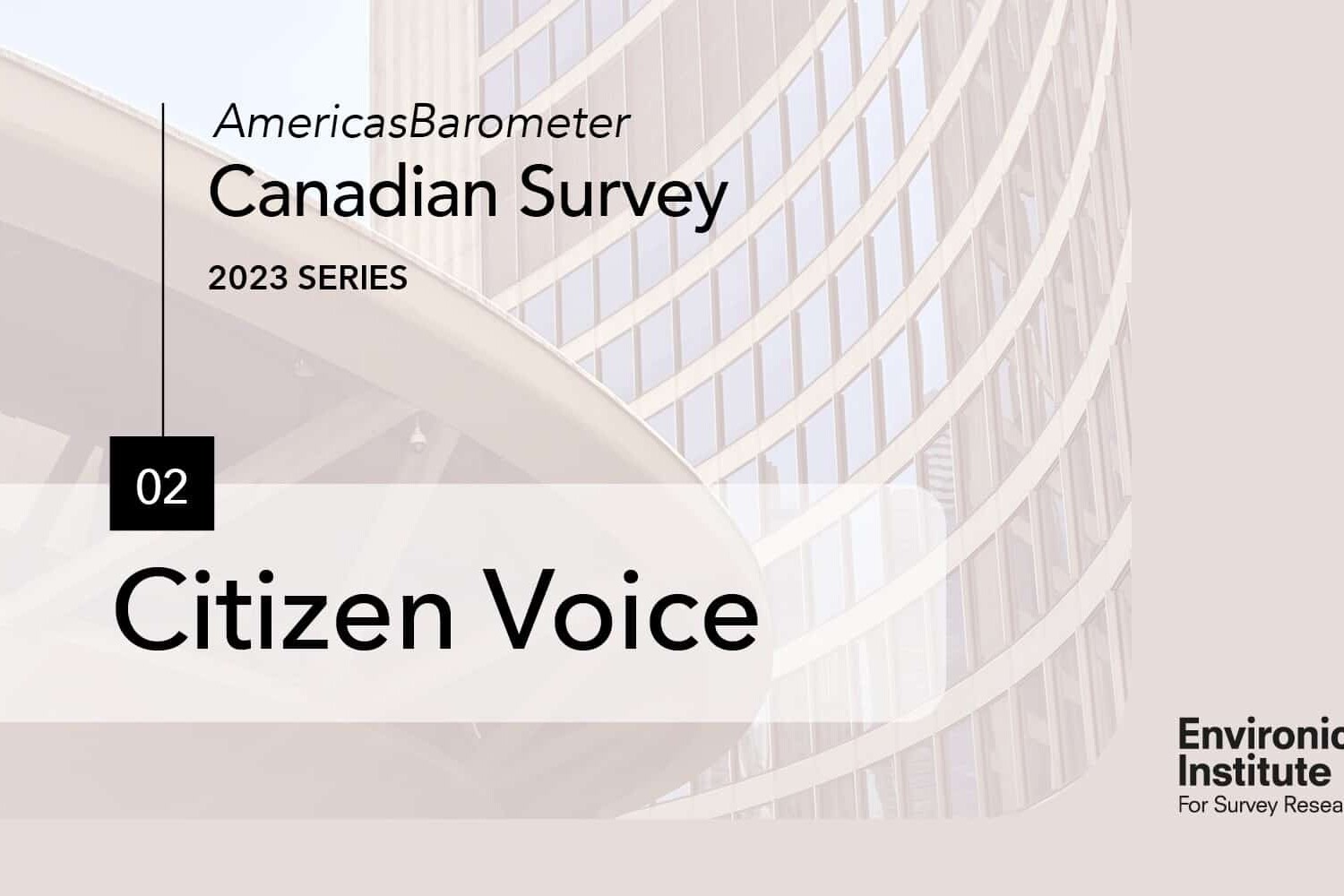 A promotional graphic for the 2023 AmericasBarometer Canadian Survey, titled Citizen Voice, by Environics Institute, featuring striking modern curved glass buildings in the background.