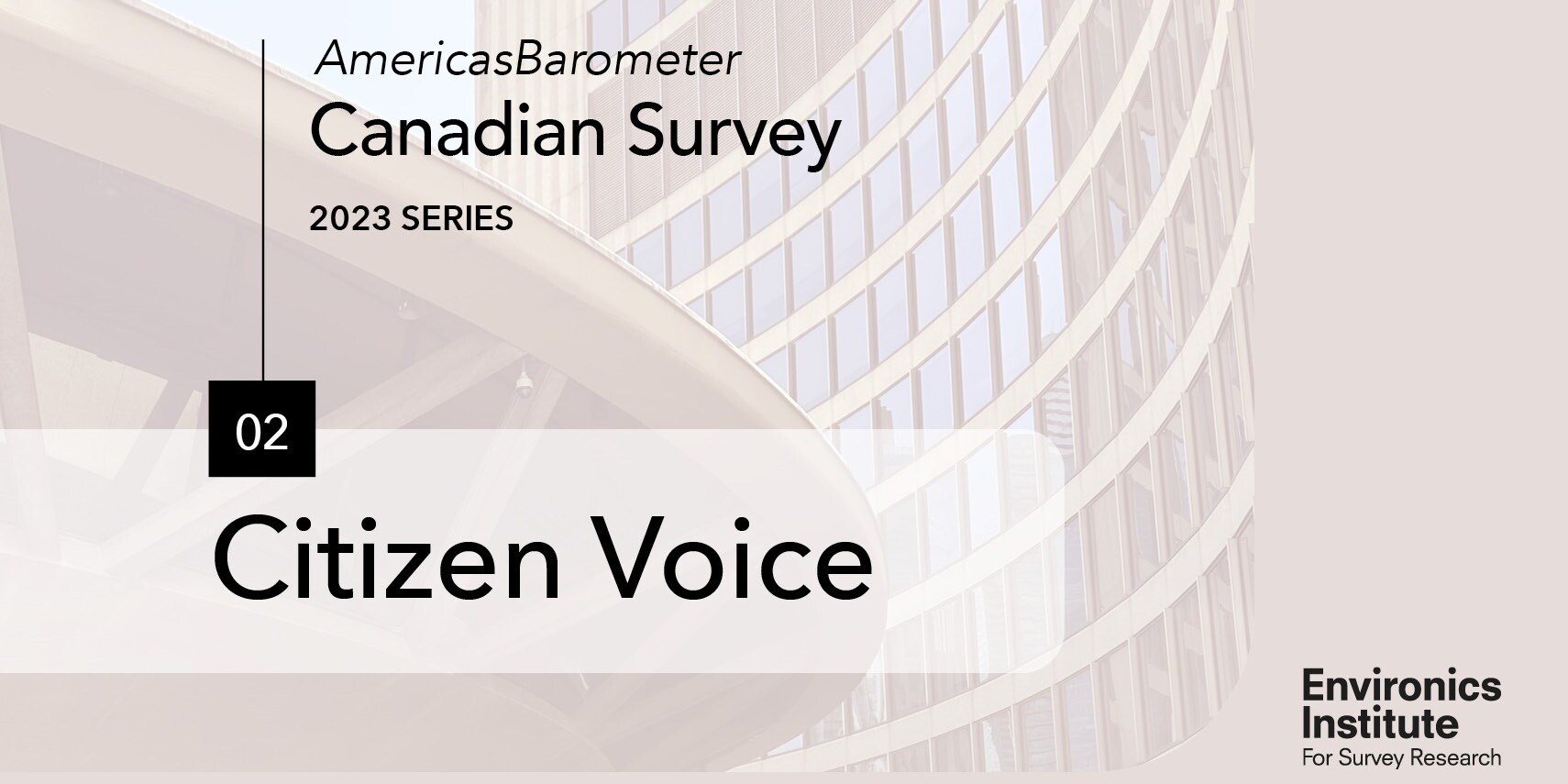 A promotional graphic for the 2023 AmericasBarometer Canadian Survey, titled Citizen Voice, by Environics Institute, featuring striking modern curved glass buildings in the background.