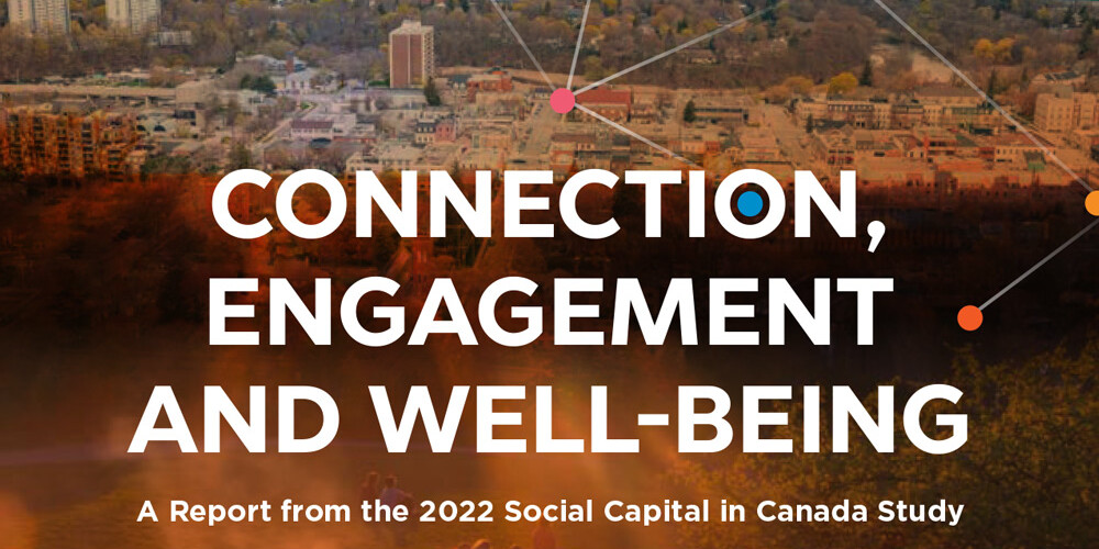 Cover of a report titled Connection Engagement and Well-being, featuring a cityscape with people sitting on grass. Network lines and colorful dots overlay the image, with the Environics Institute logo at the top.