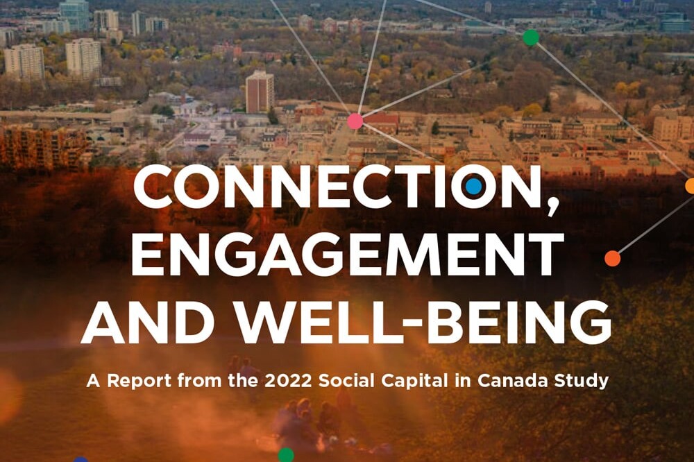 Cover of a report titled Connection Engagement and Well-being, featuring a cityscape with people sitting on grass. Network lines and colorful dots overlay the image, with the Environics Institute logo at the top.