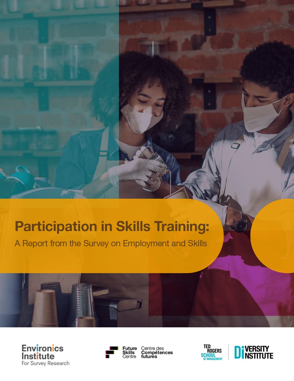 Two people wearing face masks and aprons work together in a cafe. Text overlay reads: &ldquo;Participation in Skills Training: A Report from the Survey on Employment and Skills.&rdquo; Research institute logos appear at the bottom.