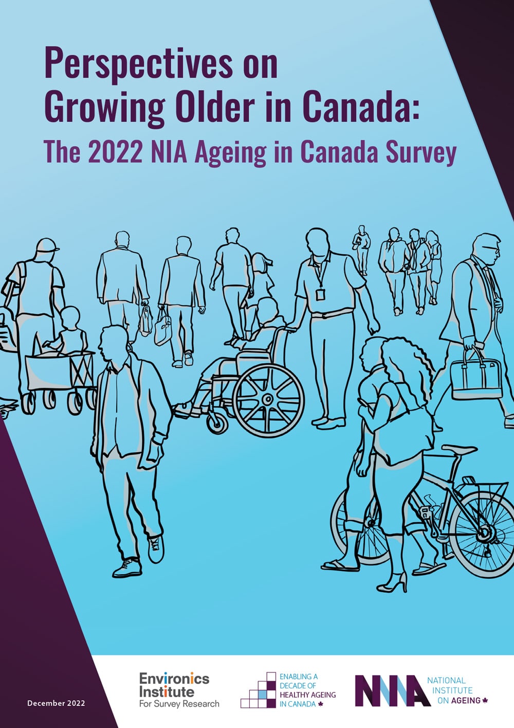 Illustration of diverse older adults, some using wheelchairs and mobility aids, highlights the 2022 NIA Ageing in Canada Survey, titled 
