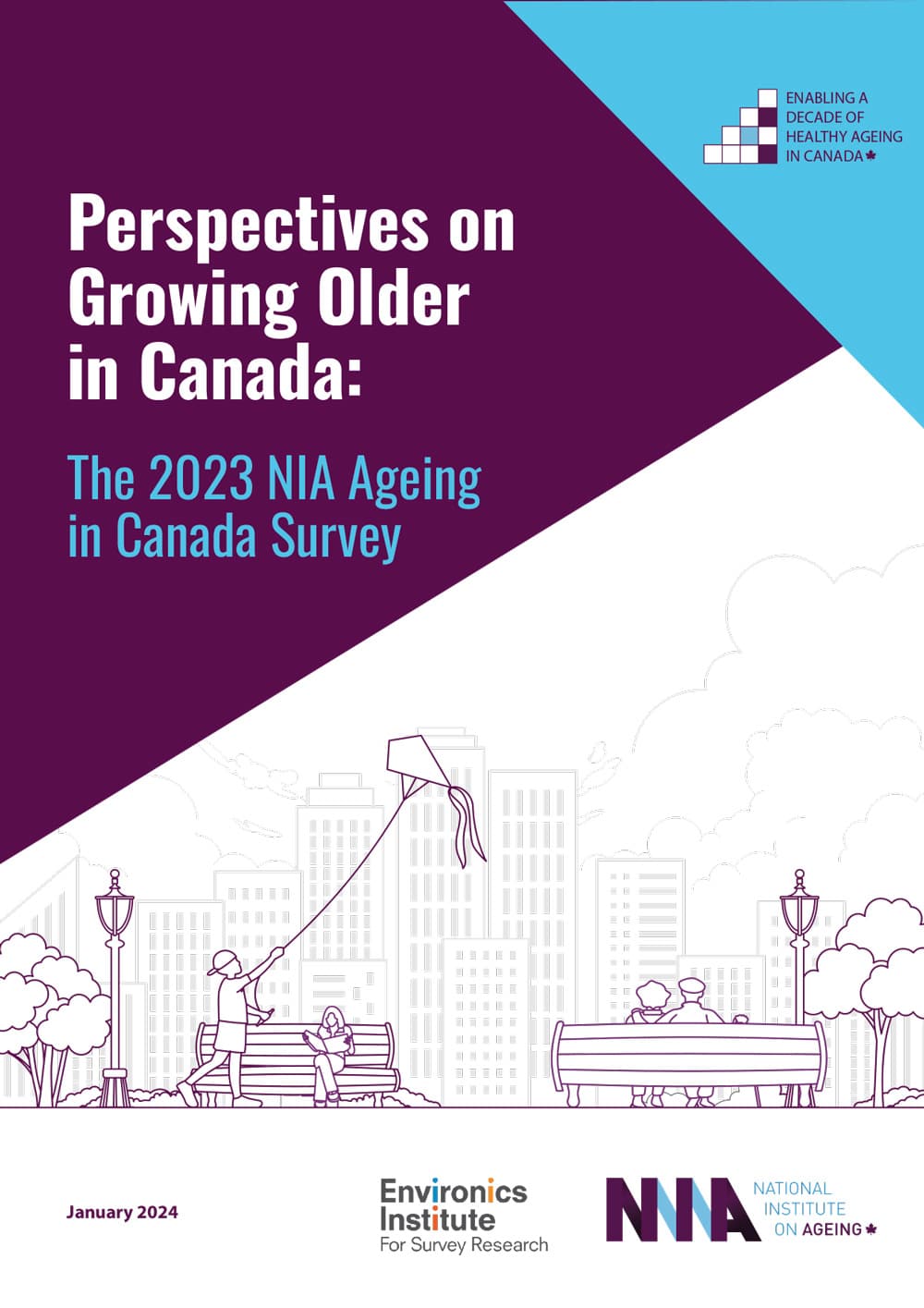 Cover of a report titled Perspectives on Growing Older in Canada: The 2023 NIA Ageing in Canada Survey, featuring illustrated people in a city park. Logos for Environics Institute and National Institute on Ageing are visible.