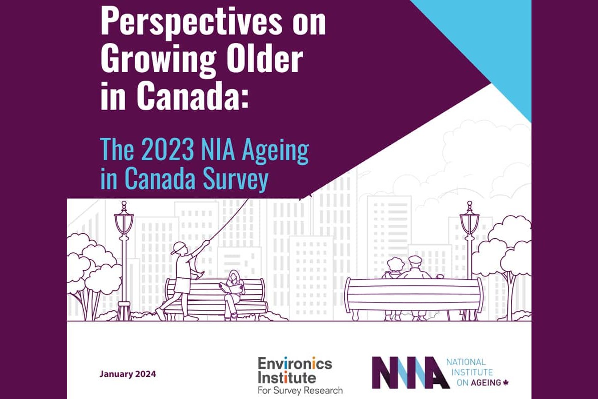 Report cover titled “Perspectives on Growing Older in Canada: The 2023 NIA Ageing in Canada Survey,” featuring illustrations of people in a park and logos for Environics Institute and the National Institute on Ageing.