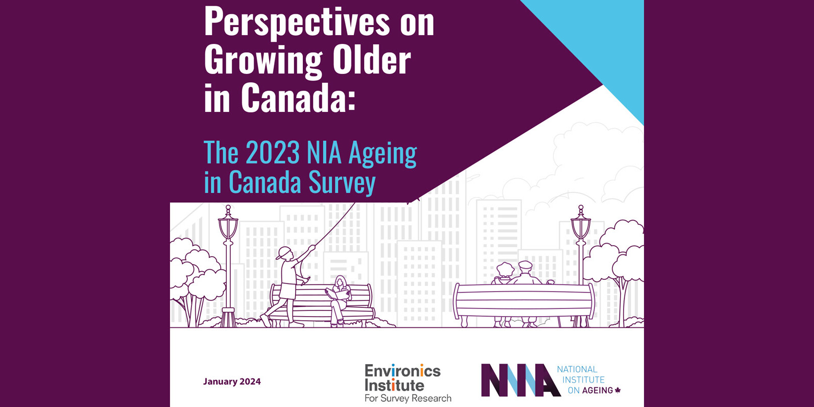 Report cover titled “Perspectives on Growing Older in Canada: The 2023 NIA Ageing in Canada Survey,” featuring illustrations of people in a park and logos for Environics Institute and the National Institute on Ageing.