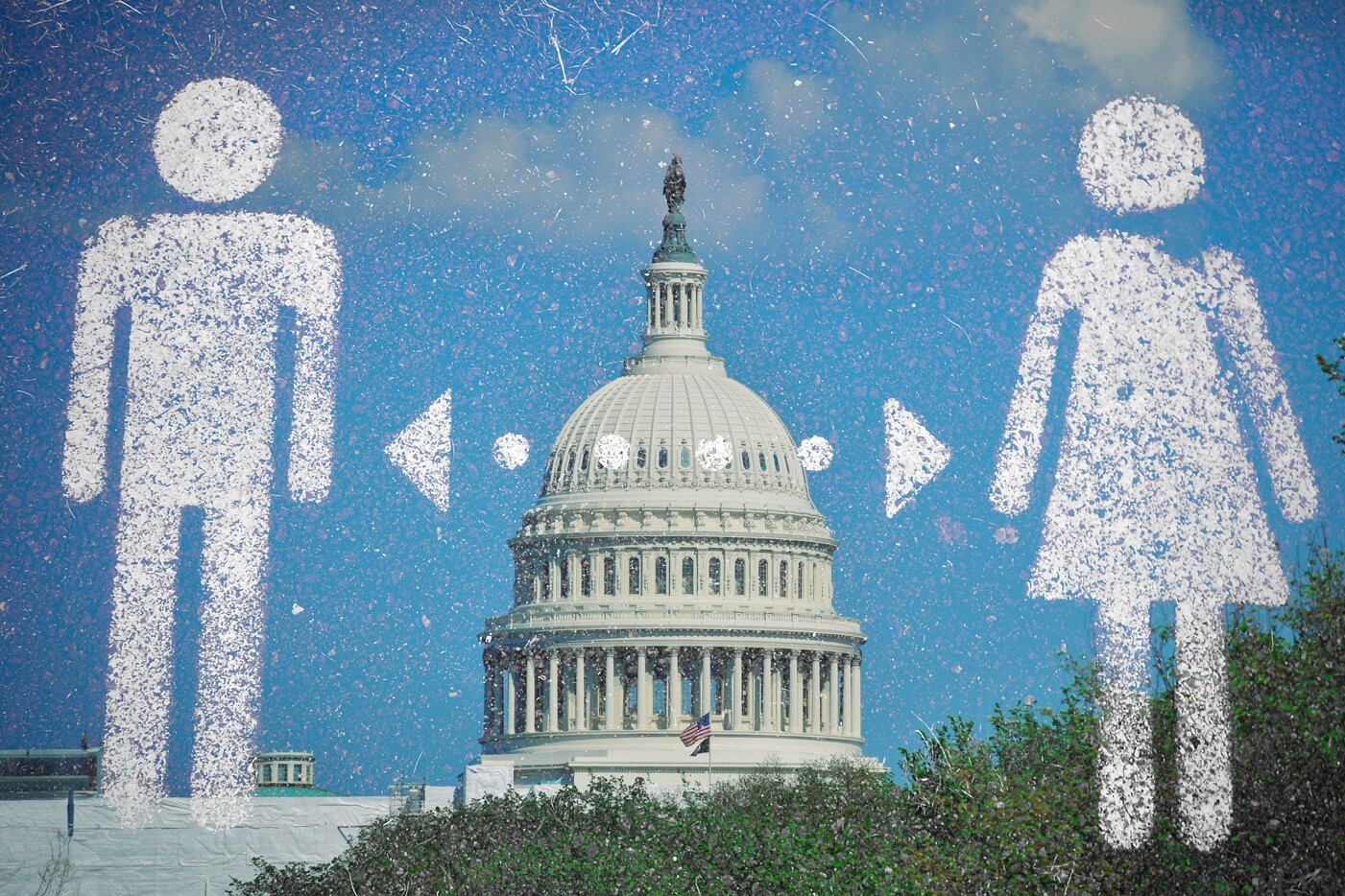 White icons of a man and woman stand apart with arrows between them, overlaid on an image of the U.S. Capitol building under a blue sky—hinting at why the Trump campaign is getting involved in the gender wars: they’re reading the room.
