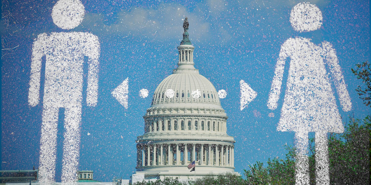 White icons of a man and woman stand apart with arrows between them, overlaid on an image of the U.S. Capitol building under a blue sky—hinting at why the Trump campaign is getting involved in the gender wars: they’re reading the room.